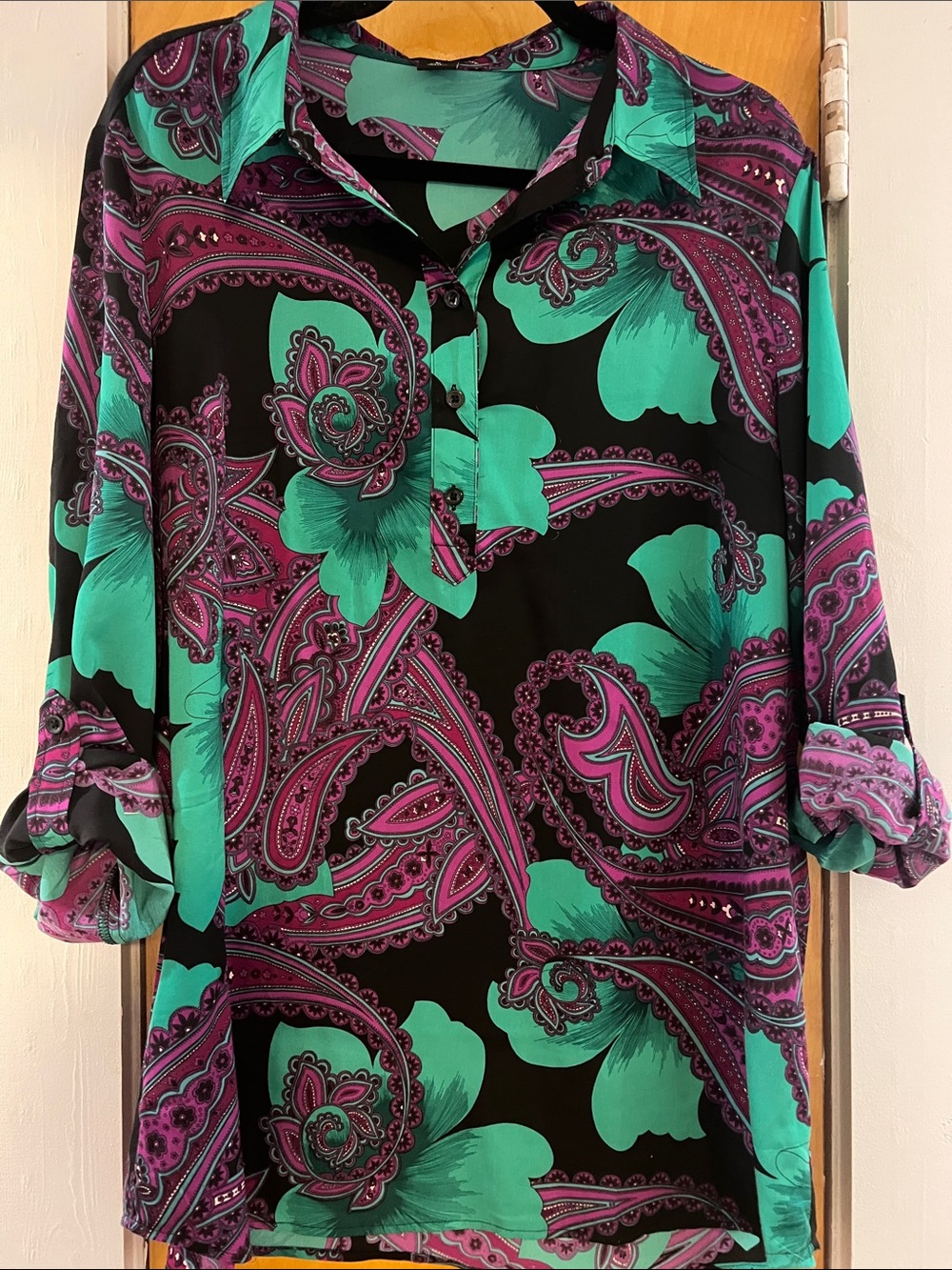 Ann Taylor Black Tunic with Teal & Magenta Paisley Floral Print